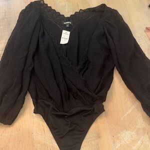 Express Black Lace-Trim Wrap Bodysuit